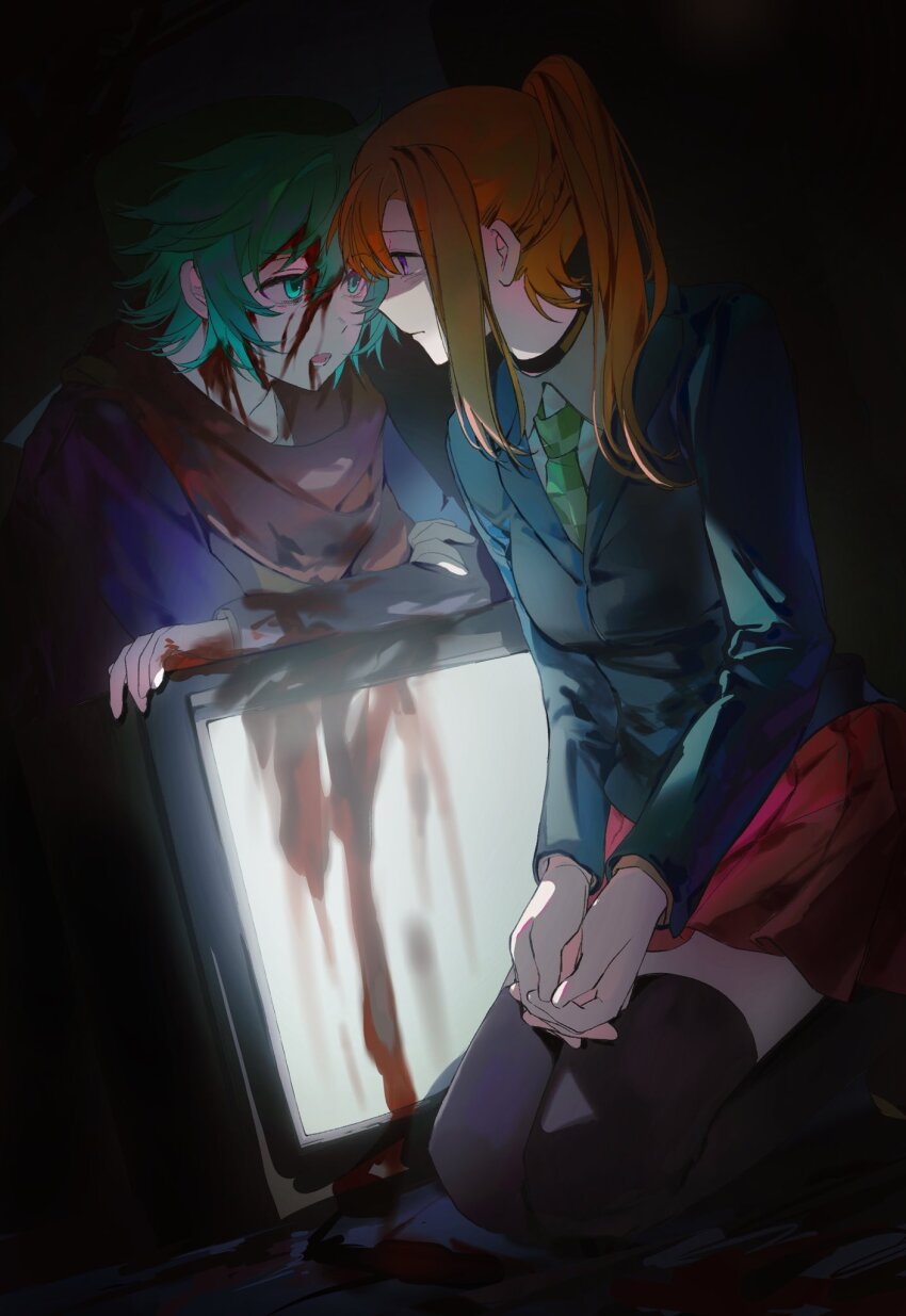 1boy 1girl aqua_eyes aqua_hair bags_under_eyes black_background blood blood_on_clothes blood_on_face blood_on_hands blue_jacket braid brown_shirt checkered_necktie chidouin_sara choker closed_mouth collared_shirt crossed_arms crt empty_eyes forehead-to-forehead green_necktie hair_over_shoulder hands_on_lap heads_together high_ponytail highres hiyori_sou jacket kimi_ga_shine light_frown long_hair long_sleeves looking_at_another monitor necktie open_mouth orange_hair own_hands_clasped own_hands_together parted_bangs pink_skirt pleated_skirt ponytail purple_eyes purple_thighhighs red_scarf scarf school_uniform screen_light seiza shirt short_hair side_part single_sidelock sitting skirt straight_hair thighhighs white_shirt yellowmao0509 zettai_ryouiki