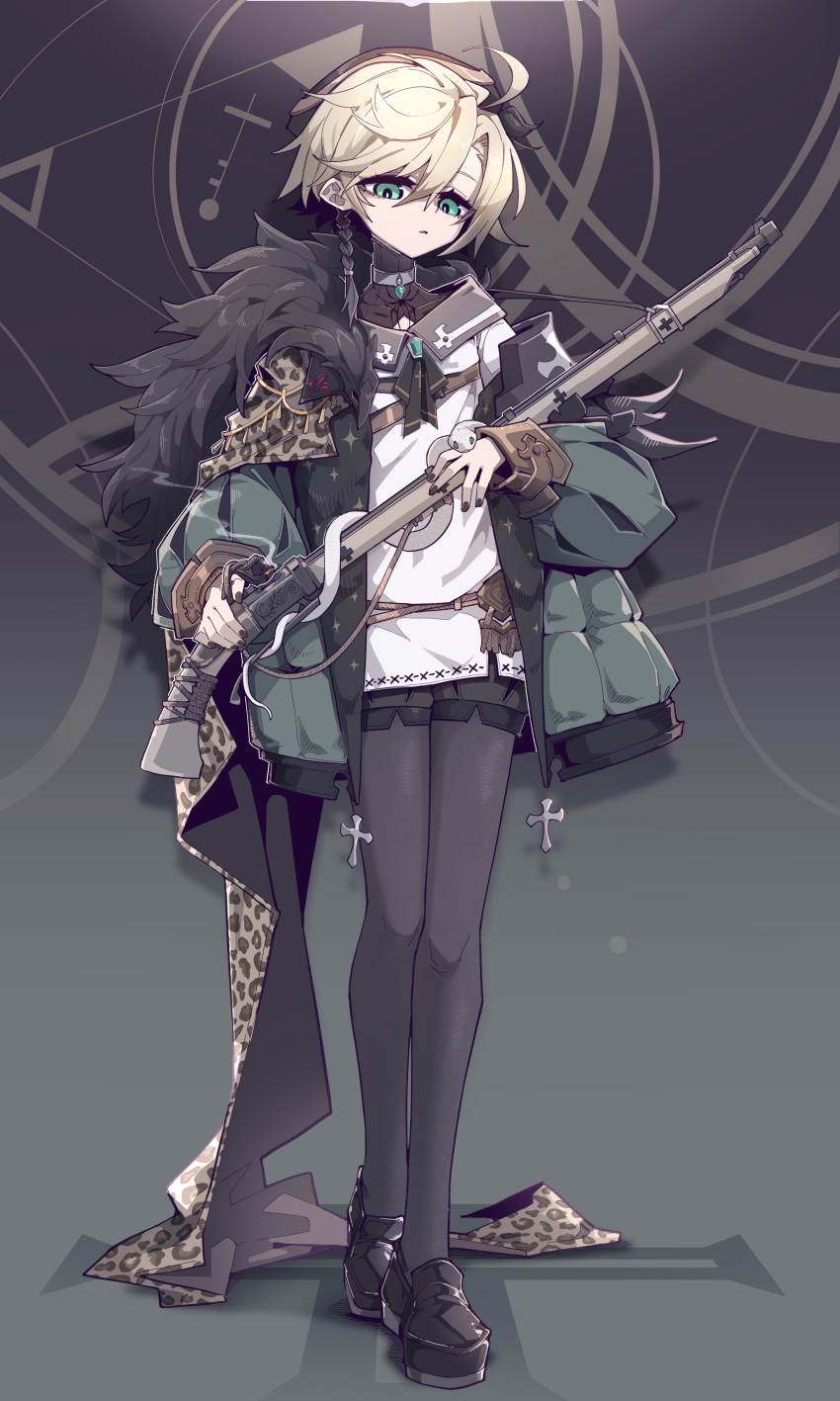 1boy absurdres aqua_eyes black_pantyhose black_shoes blonde_hair chinese_commentary commentary_request crossdressing crossdressing_(mtf) full_body green_jacket gun highres holding holding_gun holding_weapon imazawa jacket long_sleeves male_focus original pantyhose parted_lips puffy_long_sleeves puffy_sleeves shirt shoes short_hair solo standing trap weapon white_shirt