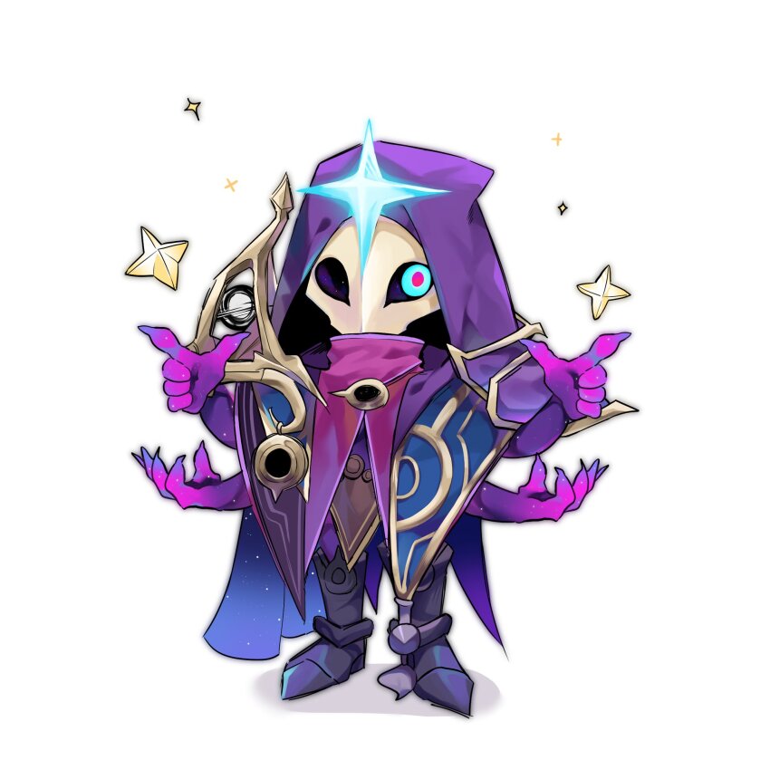 1boy black_footwear blue_eyes chibi colored_skin commentary dark_cosmic_jhin english_commentary extra_arms full_body gl0wdin0_prem highres hood hoodie jhin league_of_legends male_focus mask multiple_hands official_alternate_hairstyle official_art purple_hoodie purple_skin red_pupils shadow simple_background solo standing white_background