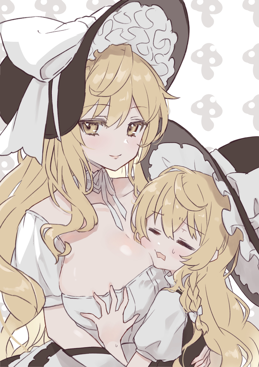 2girls :3 absurdres aged_up ahase_hino black_hat black_vest blonde_hair bonnet bow braid breasts cleavage closed_eyes closed_mouth collarbone commentary_request dress food_print grabbing_another&#039;s_breast groping hair_bow hand_on_another&#039;s_back hat hat_bow highres invincible_marisa kirisame_marisa large_breasts light_smile long_hair looking_at_viewer multiple_girls mushroom mushroom_print new_super_marisa_land open_mouth shirt short_sleeves sidelocks simple_background single_braid sitting sitting_on_lap sitting_on_person skindentation sweatdrop time_paradox touhou upper_body vest white_background white_bow white_dress white_shirt witch_hat yellow_eyes