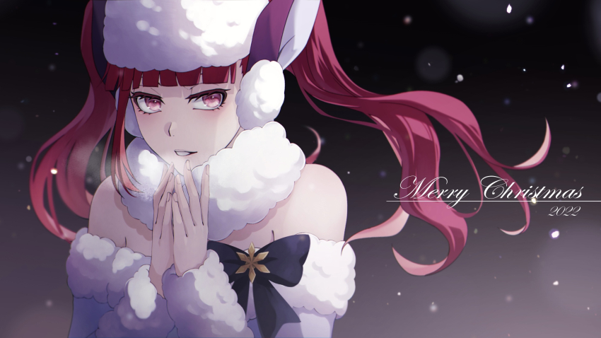 1girl 2022 alternate_costume bare_shoulders black_background black_bow bleach bleach:_brave_souls blunt_bangs bow breath christmas cold colored_eyelashes commentary_request dated dokugamine_riruka eyebrows_hidden_by_hair eyelashes fingernails floating_hair fur-trimmed_jacket fur-trimmed_sleeves fur_collar fur_trim hands_up hat headphones highres jacket light_blush long_hair long_sleeves looking_at_viewer merry_christmas night off-shoulder_jacket off_shoulder official_alternate_costume outdoors own_hands_clasped own_hands_together parted_lips red_eyes red_hair simple_background single_sidelock smile snowing solo star_ornament sumire_1046 twintails upper_body white_hat white_jacket winter_clothes