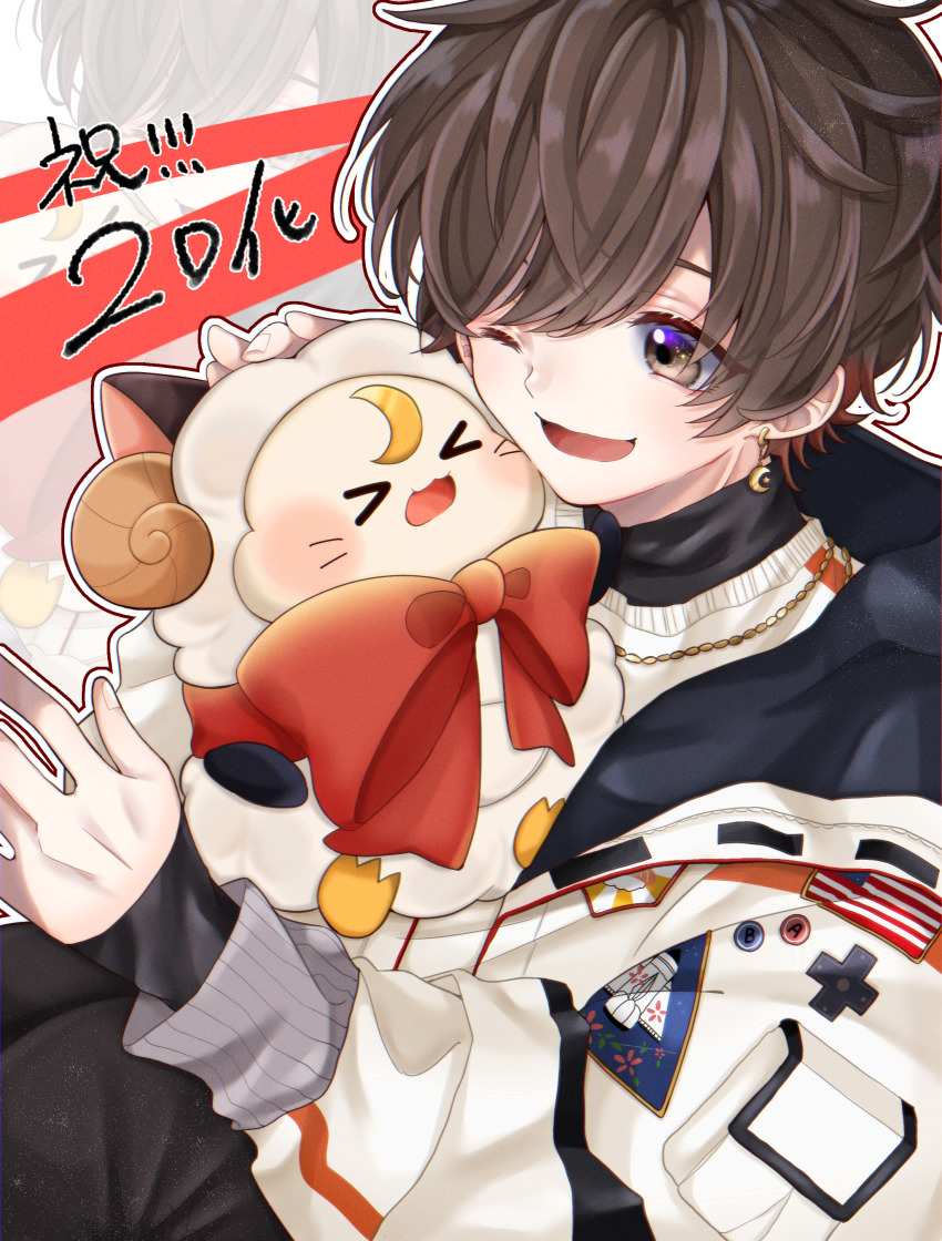 1boy :d absurdres amatsuki_(utaite) brown_eyes brown_hair highres huge_filesize indie_utaite looking_at_viewer male_focus mochita_sei niconico open_mouth shirt short_hair smile solo utaite white_shirt