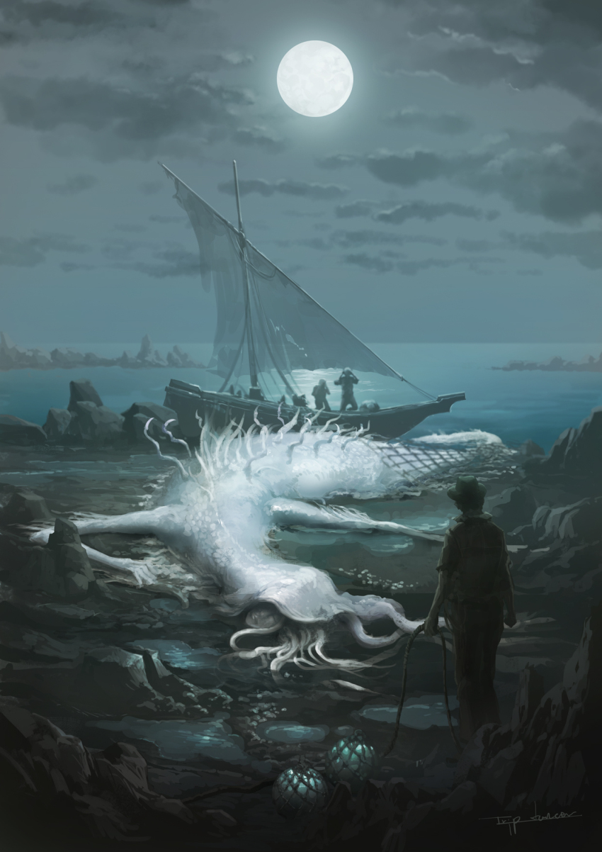 1boy 1girl bloodborne boat covered_eyes eldritch_abomination fins full_moon hat highres kos_(bloodborne) monster moon ocean signature tentacle_hair tentacles tripdancer water watercraft