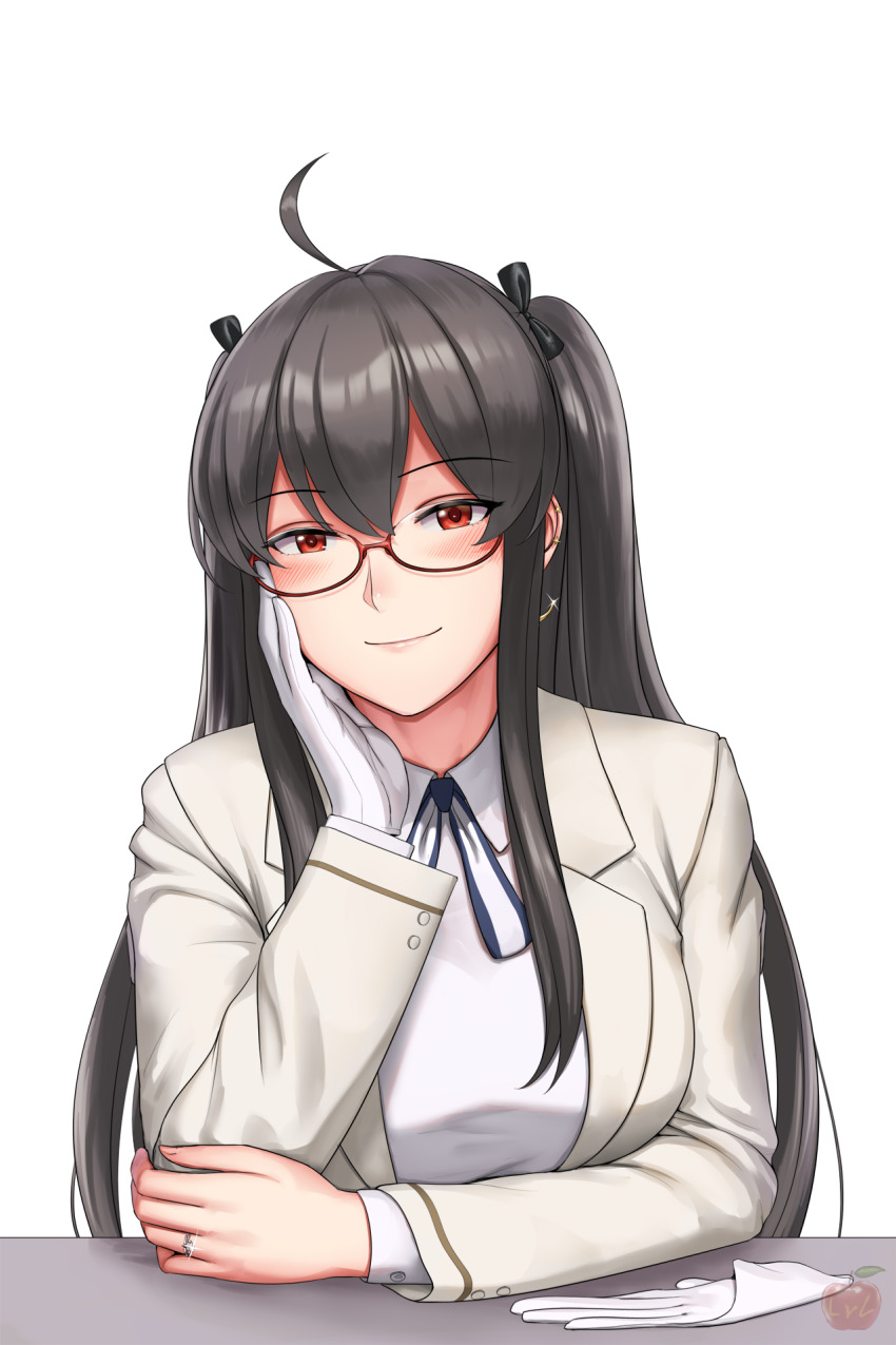 1girl ahoge azur_lane black_hair blush earrings female_focus gloves head_rest highres jewelry london_(azur_lane) lvl_(sentrythe2310) ornate_ring red-framed_eyewear red_eyes ring semi-rimless_eyewear sidelocks single_glove smile solo sparkle under-rim_eyewear unworn_gloves wedding_ring white_background white_gloves