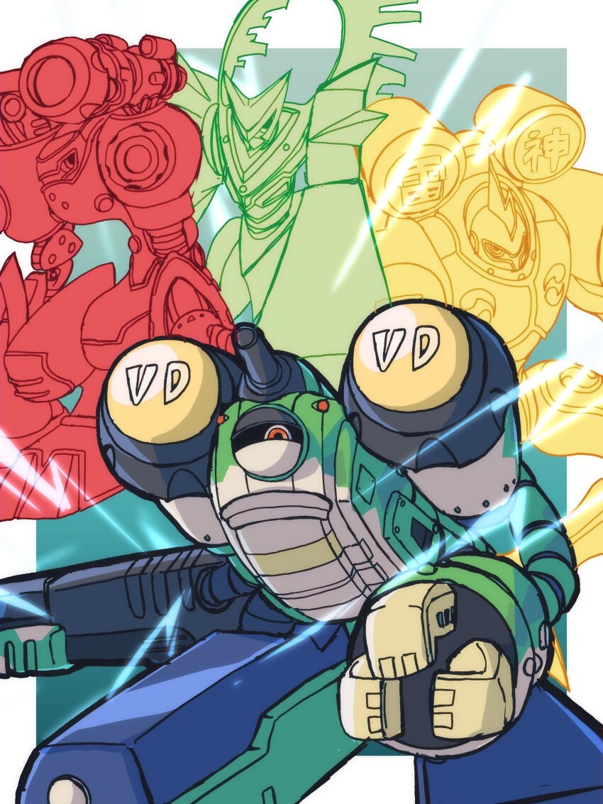 absurdres armor border digimon digimon_(creature) evolutionary_line fujinmon green_armor green_background group_picture highres mecha megane_mochi non-humanoid_robot raidenmon raijinmon robot shoulder_cannon simple_background suijinmon white_border