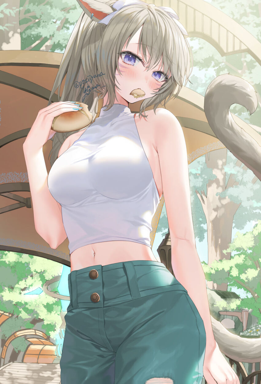 1girl animal_ears blush bread breasts brown_hair cat_ears cat_tail eating facial_mark final_fantasy final_fantasy_xiv food green_pants halterneck highres large_breasts long_hair looking_at_viewer midriff miqo&#039;te navel pants ponytail purple_eyes shirt sleeveless solo tail warrior_of_light_(ff14) whisker_markings white_shirt yana_mori