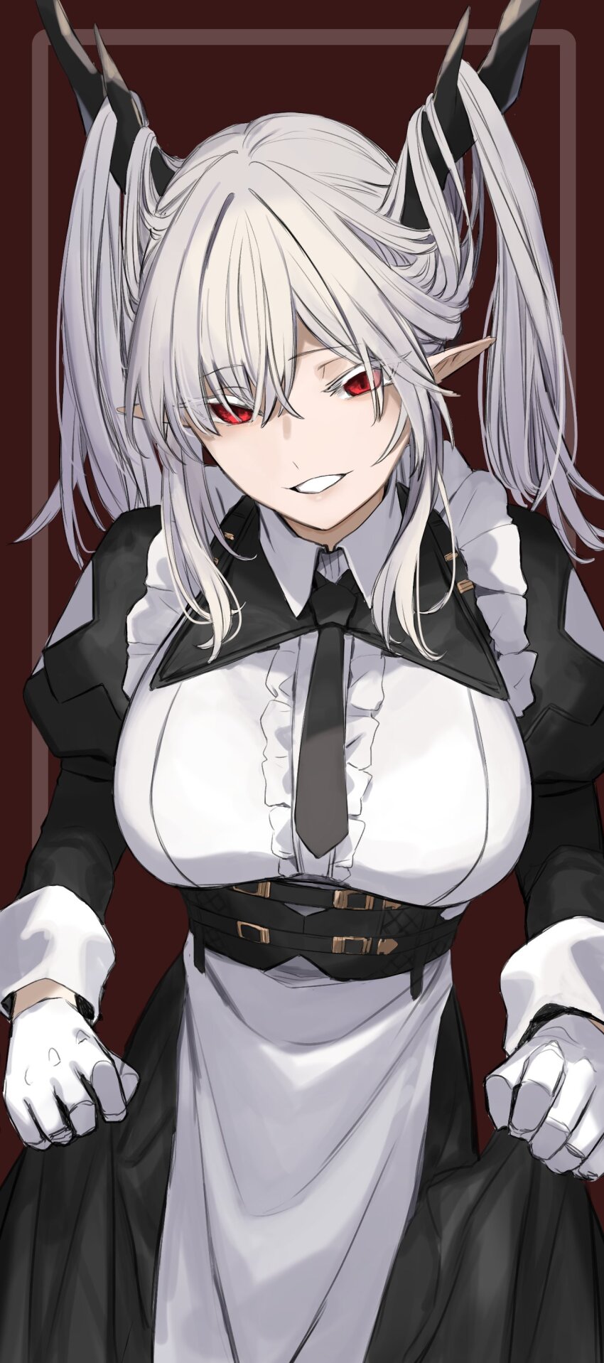 1girl absurdres apron black_dress breasts character_request clothes_lift copyright_request dress dress_lift ganesagi gloves highres horns large_breasts lifting_own_clothes long_hair long_sleeves looking_at_viewer maid maid_apron pointy_ears red_eyes smile solo standing white_apron white_gloves white_hair