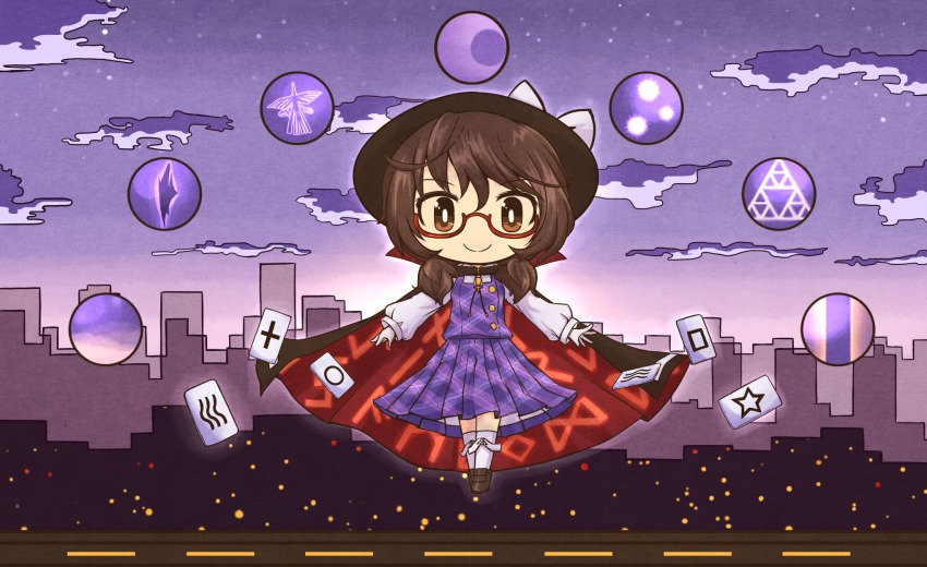 1girl akihiyo brown_eyes brown_hair cape chibi cityscape clothes_writing cloud female_focus glasses hat highres kneehighs low_twintails occult_ball plaid red-framed_eyewear school_uniform sky smile socks solo star_(sky) starry_sky touhou twintails usami_sumireko white_socks