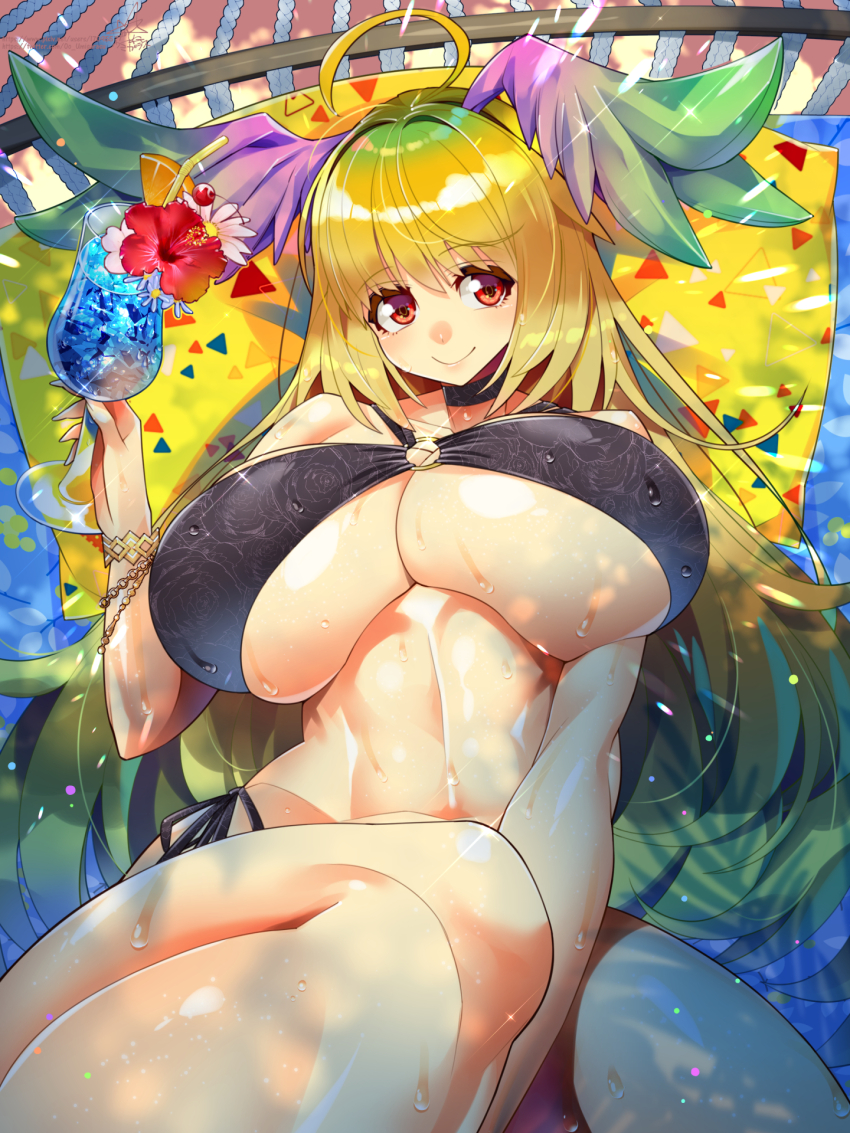 1girl ahoge arm_between_legs beach bendy_straw between_legs bikini black_bikini black_choker blonde_hair blue_flower blue_hawaii bracelet breasts chain cherry choker cleavage closed_mouth cocktail collarbone cup daisy_(flower) day drink drinking_glass drinking_straw feathered_wings flower food fruit gold gold_chain gradient_hair gradient_wings green_hair green_wings hair_between_eyes hair_intakes hammock hand_between_legs head_wings hibiscus highres holding holding_cup huge_breasts hurricane_glass ice ice_cube jewelry light_particles linea_alba long_hair looking_at_viewer lying multicolored_hair multicolored_wings navel o-ring o-ring_bikini on_hammock orange_(fruit) orange_slice original outdoors pillow pink_flower purple_wings red_eyes red_flower shiny_skin side-tie_bikini_bottom smile solo sparkle sweat swept_bangs swimsuit thick_thighs thighs tropical_drink two-tone_wings umigarasu_(kitsune1963) underboob very_long_hair wings