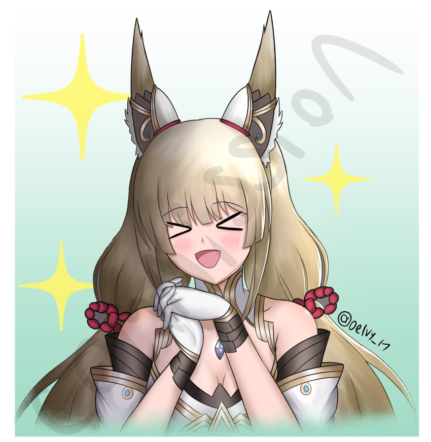 1girl animal_ear_fluff animal_ears artist_name breasts brown_hair closed_eyes delvy_17 green_background highres large_breasts nia_(blade)_(xenoblade) nia_(xenoblade) open_mouth own_hands_together twintails xenoblade_chronicles_(series) xenoblade_chronicles_2
