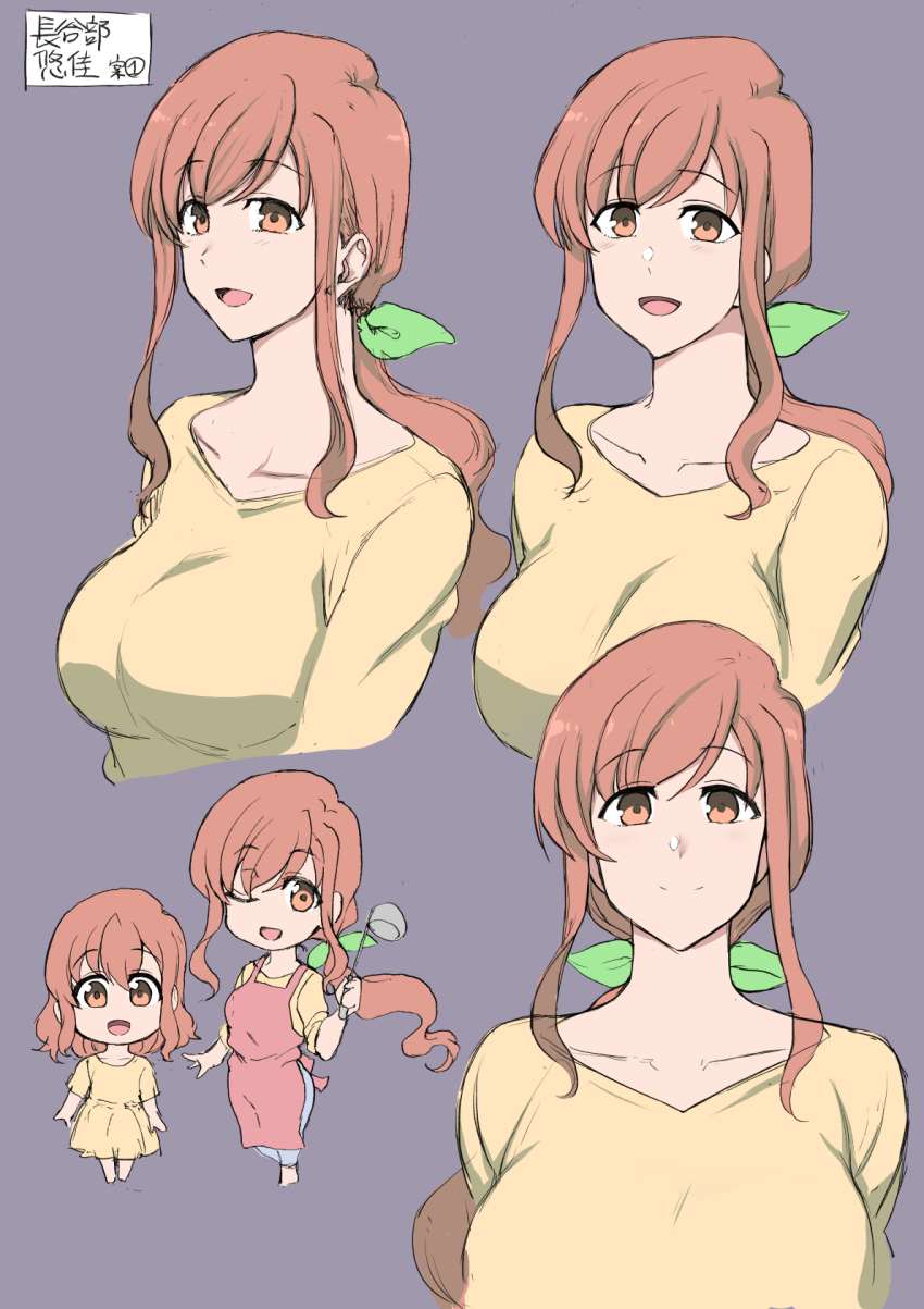 2girls :d aiue_oka bow breasts character_request chibi closed_mouth commentary_request concept_art green_bow hair_bow hasebe_yuuka highres holding holding_ladle kaikan_denryuu ladle large_breasts long_hair looking_at_viewer mature_female medium_hair mother_and_daughter multiple_girls multiple_views one_eye_closed open_mouth orange_eyes orange_hair paid_reward_available ponytail shirt smile translation_request upper_body yellow_shirt