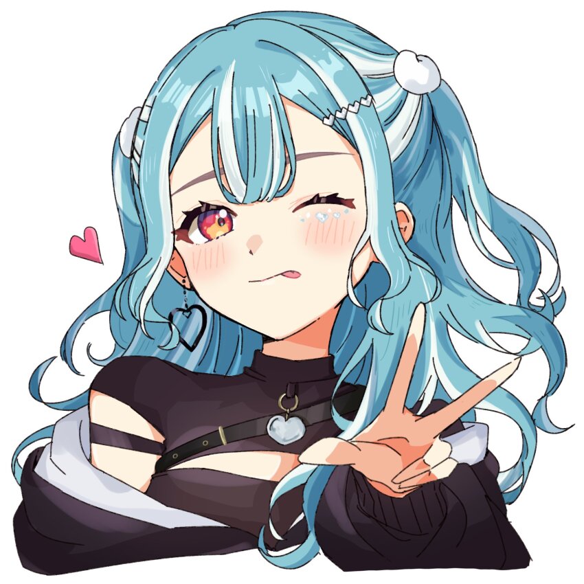 1girl black_jacket black_shirt blue_hair blush cleavage_cutout clothing_cutout cropped_torso earrings heart heart_earrings highres jacket jewelry looking_at_viewer multicolored_hair off_shoulder one_eye_closed red_eyes shiranami_ramune shiranami_ramune_(3rd_costume) shirt simple_background solo streaked_hair tongue tongue_out two-tone_hair unimaru_go virtual_youtuber vspo! w white_background white_hair