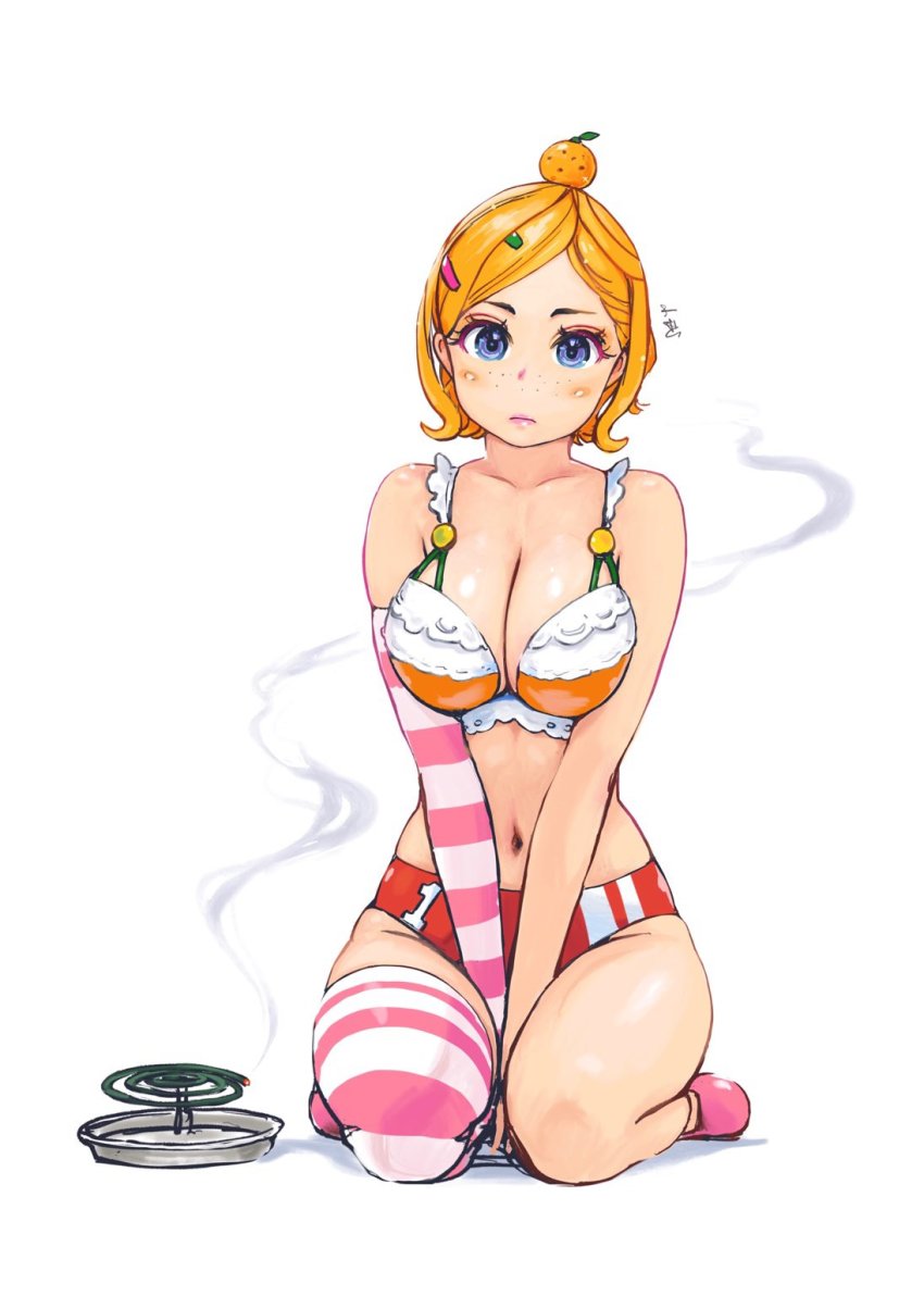 1girl arms_between_legs blonde_hair blue_eyes blush bra breasts buruma carina_(xiaowoo) cleavage collarbone commentary_request elbow_gloves food food_on_head freckles frown fruit fruit_on_head gloves hair_ornament hairclip highres incense large_breasts lips looking_at_viewer mandarin_orange mosquito_coil navel object_on_head orange_bra original pink_gloves pink_shoes pink_thighhighs red_buruma shoes short_hair simple_background single_glove single_thighhigh sitting solo stomach striped_buruma striped_clothes striped_gloves striped_thighhighs thighhighs thighs two-tone_bra two-tone_gloves two-tone_legwear underwear v_arms wariza white_background white_bra white_gloves white_stripes white_thighhighs