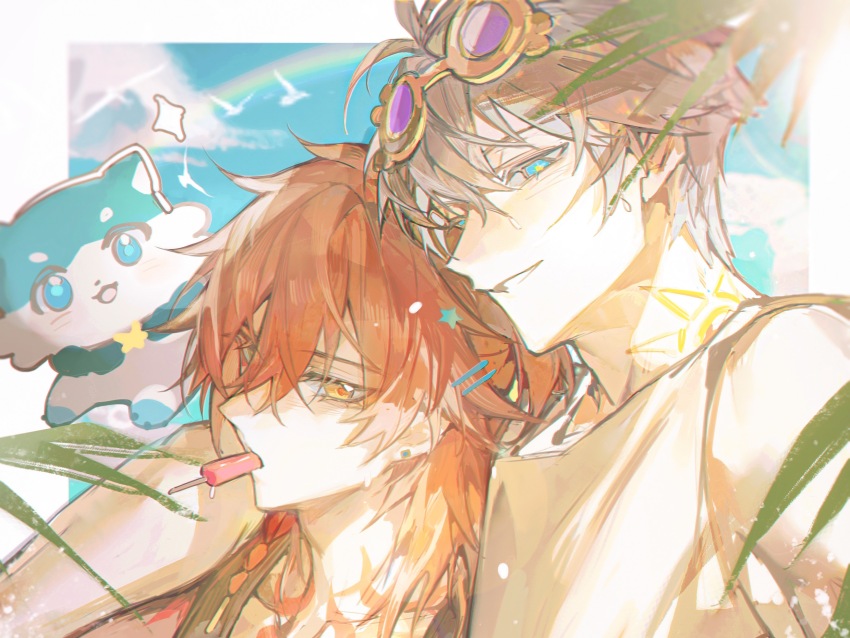 2boys alternate_costume antenna_hair arm_on_another&#039;s_shoulder black_tank_top blonde_hair blue_eyes border braid chest_tattoo chimera_(honkai:_star_rail) chinese_commentary commentary_request earrings eyewear_on_head gradient_hair hair_between_eyes hair_ornament hairpin highres honkai:_star_rail honkai_(series) iron_hailai jewelry male_focus medium_hair multicolored_hair multiple_boys mydei_(honkai:_star_rail) outside_border phainon_(honkai:_star_rail) red_hair red_tattoo shirt short_hair side_braid stud_earrings sun_symbol sun_tattoo tan tank_top tattoo white_border white_hair white_shirt yellow_eyes