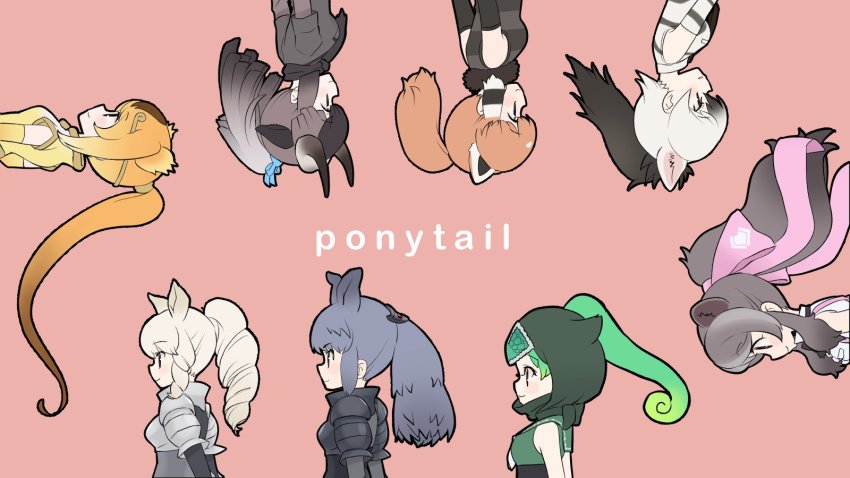 6+girls aardwolf_(kemono_friends) animal_ears armor arms_at_sides bare_shoulders bear_ears bergman&#039;s_bear_(kemono_friends) black_hair black_rhinoceros_(kemono_friends) black_wildebeest_(kemono_friends) blonde_hair bow breastplate brown_hair circlet closed_mouth detached_hood drill_hair drill_ponytail elbow_gloves english_text extra_ears floating_hair forehead_protector from_side fur_collar gloves golden_snub-nosed_monkey_(kemono_friends) green_hair grey_hair hair_bow high_ponytail highres hood hood_up horns kemono_friends kuromitsu_(9633_kmfr) lesser_panda_(kemono_friends) light_smile long_hair long_sleeves monkey_ears multicolored_hair multiple_girls orange_hair panther_chameleon_(kemono_friends) parted_lips ponytail red_hair red_panda_ears rhinoceros_ears rotational_symmetry shirt short_sleeves shoulder_armor sidelocks simple_background sleeveless sleeveless_shirt upper_body upside-down very_long_hair white_rhinoceros_(kemono_friends)