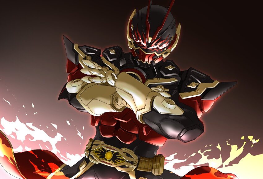 1boy antennae armor black_background black_bodysuit bodysuit fire glowing gold_gloves gold_horns gold_trim highres horns kamen_rider kamen_rider_geats_(series) kamen_rider_regad male_focus miyabi_(037) muscular open_hands organic pauldrons red_armor red_eyes red_footwear shoulder_armor vest waistcoat zillion_driver