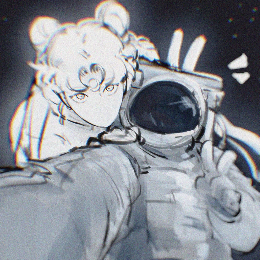 1boy 1girl astronaut bishoujo_senshi_sailor_moon crescent crescent_facial_mark double_bun dress facial_mark fishbowl_helmet hair_bun helmet highres long_hair mercuri0ff no_mouth parted_bangs princess_serenity sky space_helmet spacesuit star_(sky) starry_sky tsukino_usagi twintails v white_dress