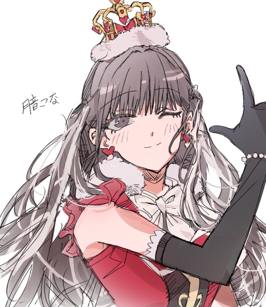1girl ;) animification arched_crown bare_shoulders black_gloves brown_hair character_name closed_mouth commentary_request crown dress elbow_gloves finger_gun gloves hair_intakes highres junjun_(kimi-la) link!_like!_love_live! long_hair looking_at_viewer love_live! one_eye_closed real_life red_crown red_dress simple_background sleeveless sleeveless_dress smile solo split_mouth tsukine_kona two_side_up voice_actor white_background zenhoi_kyun