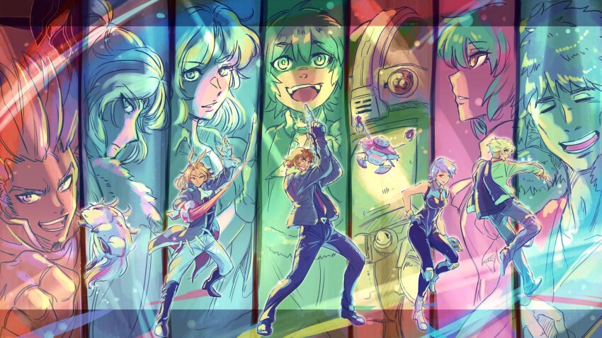 asellus_(saga_frontier) blonde_hair blue_(saga_frontier) closed_mouth cotton_(saga_frontier) doll_(saga_frontier) emilia_(saga_frontier) fuse_(saga_frontier) gun highres holding holding_gun holding_weapon long_hair looking_at_viewer lute_(saga_frontier) multiple_boys multiple_girls open_mouth rabbit_(saga_frontier) red_(saga_frontier) ren_(saga_frontier) riki_(saga) robot saga saga_frontier short_hair silence_(saga_frontier) smile t260g_(saga) weapon yutarou