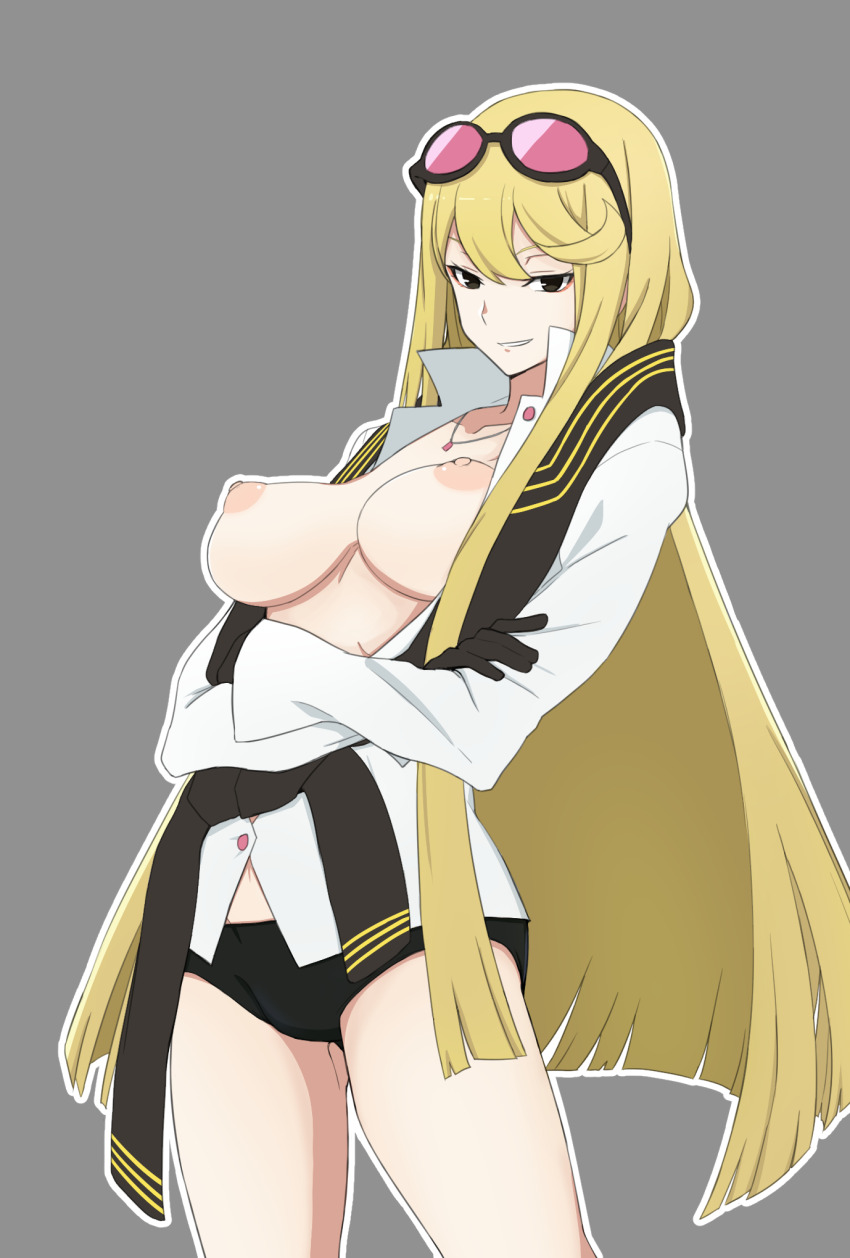 ayu_(ddestiny944) black_gloves blonde_hair breasts breasts_out chain chain_necklace collarbone crossed_arms digimon digimon_story:_cyber_sleuth_hacker&#039;s_memory gloves grey_background grin highres jewelry kuremi_kyouko large_breasts long_hair looking_back necklace nipples panties scarf simple_background smile thighs underwear