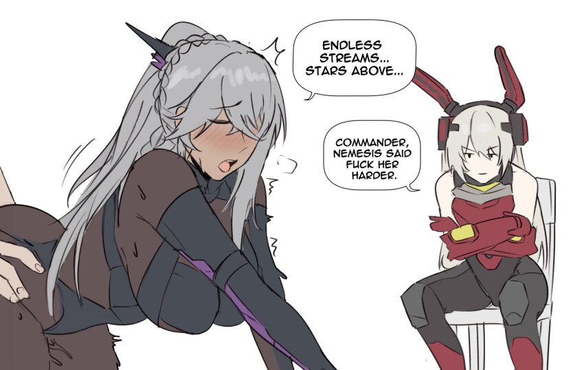 1boy 2girls animal_ears armored_leotard bare_shoulders bent_over black_leotard blush body_armor braid breasts closed_eyes closed_mouth commander_(girls&#039;_frontline) commentary_request cowboy_shot dark-skinned_female dark_skin english_text fake_animal_ears gauntlets german_commentary girls&#039;_frontline girls&#039;_frontline_2:_exilium grey_hair hair_between_eyes hair_ornament hands_on_another&#039;s_hips hetero highres implied_sex krolik_(girls&#039;_frontline_2) large_breasts leotard long_hair looking_at_another maven_(madeinheaven_23) mechanical_ears multiple_girls nemesis_(girls&#039;_frontline_2) on_chair open_mouth pantyhose playboy_bunny ponytail rabbit_ears simple_background sitting speech_bubble tactical_playboy_bunny teeth upper_teeth_only white_background