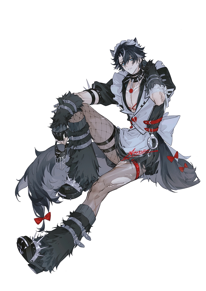 1boy absurdres alternate_costume aoma_(xuanzexuexi) apron arm_on_own_leg arm_strap arm_warmers armlet asymmetrical_legwear back_bow black_arm_warmers black_boots black_dress black_gloves black_hair black_leg_warmers blue_eyes boots bow cat_ear-shaped_hair chinese_commentary collar commentary_request crossdressing crossdressing_(mtf) cuffs dress earrings enmaided facial_scar fingerless_gloves fishnet_pantyhose fishnets frilled_apron frills full_body genshin_impact gloves hand_on_own_neck hand_up handcuffs highres holding holding_mask jewelry leg_warmers looking_at_viewer maid maid_apron maid_headdress male_focus mask multicolored_hair muzzle_(mask) pantyhose paw_shoes puffy_sleeves scar scar_across_eye scar_on_arm scar_on_cheek scar_on_face scar_on_neck short_hair simple_background solo spiked_armlet spiked_collar spikes strap streaked_hair stud_earrings tail tail_bow tail_ornament thigh_strap torn_clothes torn_pantyhose wriothesley_(genshin_impact)