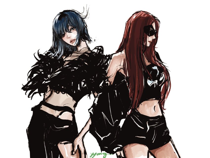 2girls black_jacket black_skirt blue_hair cowboy_shot crop_top hashtag-only_commentary highres jacket k-pop long_hair multiple_girls real_life red_lips seulgi_(red_velvet) short_hair simple_background skirt sunglasses white_background yeji_(itzy) yoochyang111