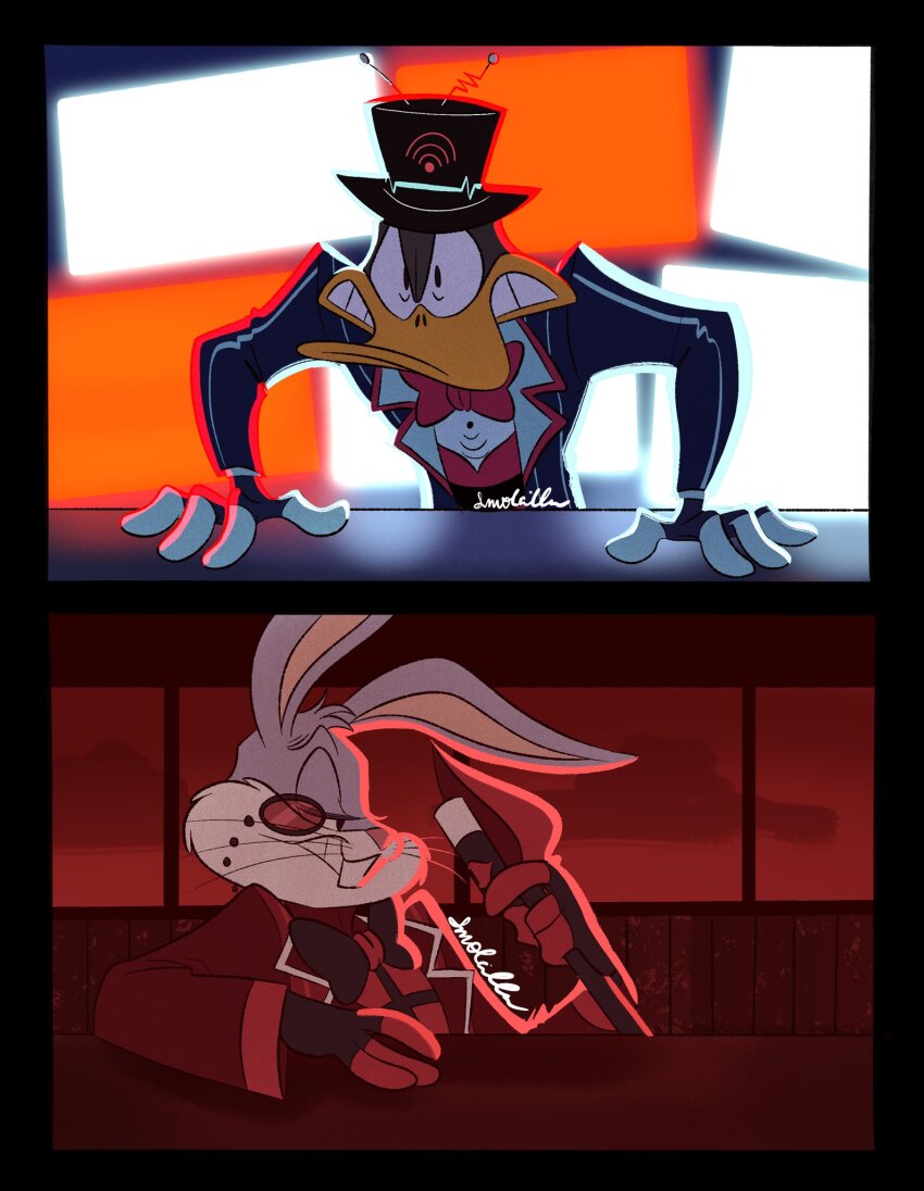 2boys alastor_(hazbin_hotel) alastor_(hazbin_hotel)_(cosplay) animal_ears black_bow black_bowtie black_hat black_jacket bow bowtie bugs_bunny clenched_teeth cosplay daffy_duck fingerless_gloves gloves grin hat hazbin_hotel highres indoors jacket long_sleeves looney_tunes monocle multiple_boys priscilla_(smolcilla) profile rabbit_ears red_bow red_bowtie red_jacket smile teeth vox_(hazbin_hotel) vox_(hazbin_hotel)_(cosplay)