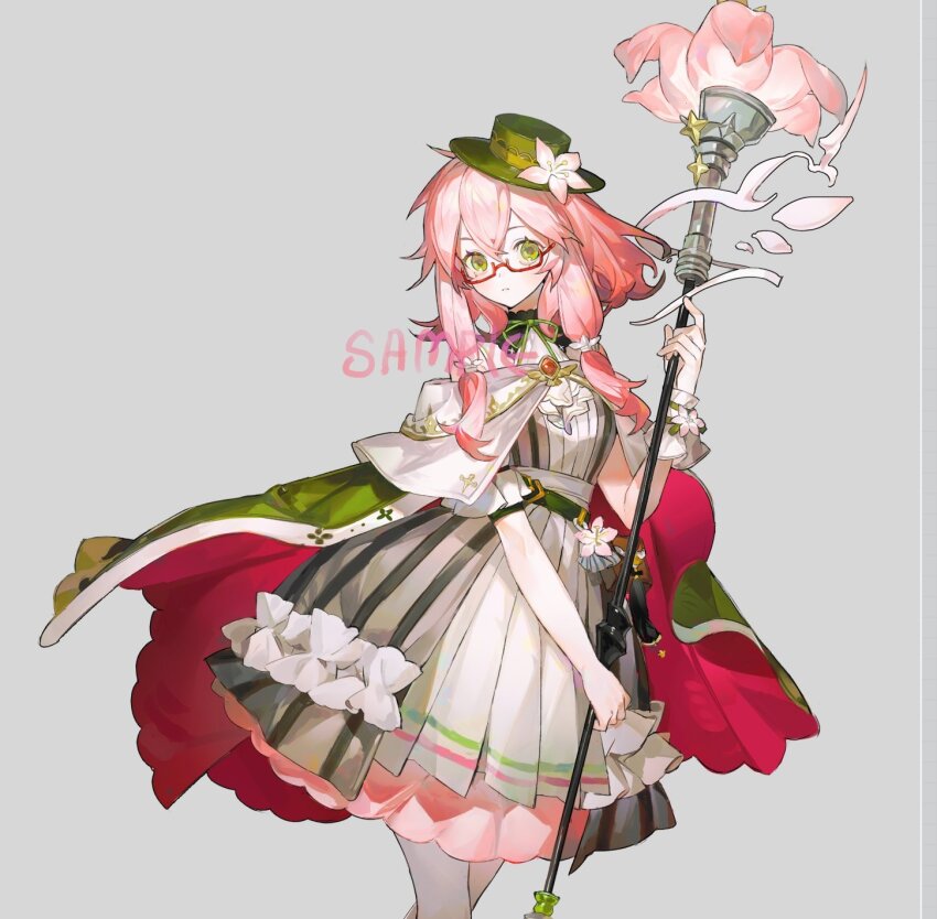 1girl blush cape closed_mouth dress flower green_cape green_hat green_ribbon grey_background hair_between_eyes hair_flower hair_ornament happybiirthd hat highres holding holding_staff knot looking_at_viewer medium_hair original pink_flower pink_hair red_cape ribbon sample_watermark short_sleeves sidelocks simple_background solo staff standing watermark yellow_eyes