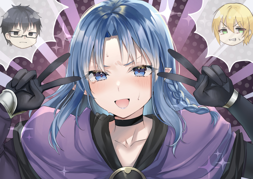 1girl 2boys absurdres blue_eyes blue_hair blush braid chibi chibi_inset commission emotional_engine_-_full_drive fate/grand_order fate/stay_night fate_(series) highres jason_(fate) kuzuki_souichirou long_hair looking_at_viewer medea_(caster)_(fate) medea_(fate) multiple_boys pointy_ears second-party_source side_braid solo_focus sweatdrop v yufou