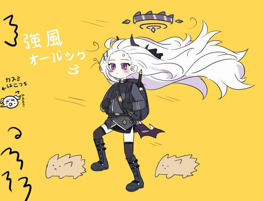2girls ahoge angry backpack bag black_gloves black_halo black_thighhighs blue_archive blush coat coat_on_shoulders crying_kasumi_(blue_archive)_(meme) demon_girl demon_horns demon_wings doodle_sensei_(blue_archive) e_v_e_neko flat_chest full_body gloves halo highres hina_(blue_archive) horns kasumi_(blue_archive) kyoufuu_all_back_(vocaloid) long_hair meme multiple_girls purple_eyes randoseru sensei_(blue_archive) simple_background standing thighhighs thighs very_long_hair white_hair wind wings yellow_background