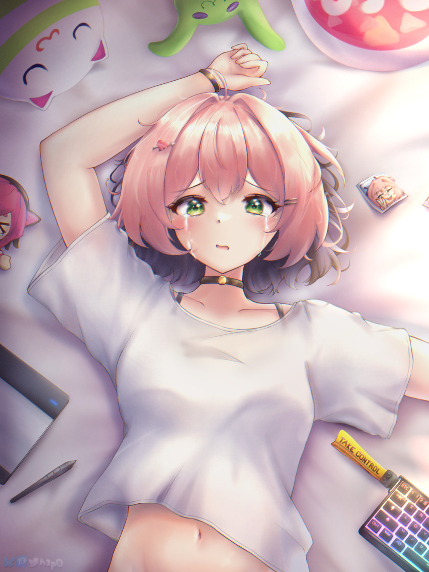 1girl bed bed_sheet black_hair blush choker crying crying_with_eyes_open h3p0 highres looking_at_viewer midriff multicolored_hair osu! pink_hair pippi_(osu!) shirt stuffed_toy tears white_shirt