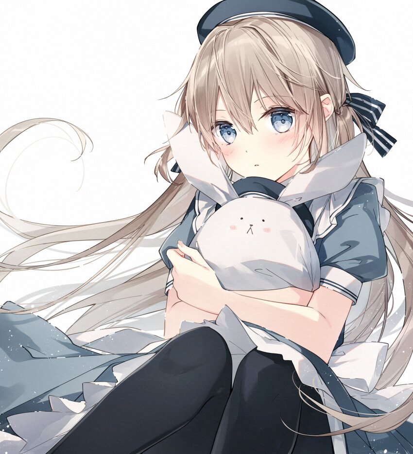 1girl beret black_hat black_pantyhose blue_eyes blush bow brown_hair commentary dress feet_out_of_frame floating_hair grey_dress hair_between_eyes hair_bow hat highres hugging_object knees_up long_hair looking_at_viewer mochizuki_shiina original pantyhose puffy_short_sleeves puffy_sleeves short_sleeves simple_background solo striped_bow stuffed_animal stuffed_rabbit stuffed_toy symbol-only_commentary very_long_hair white_background