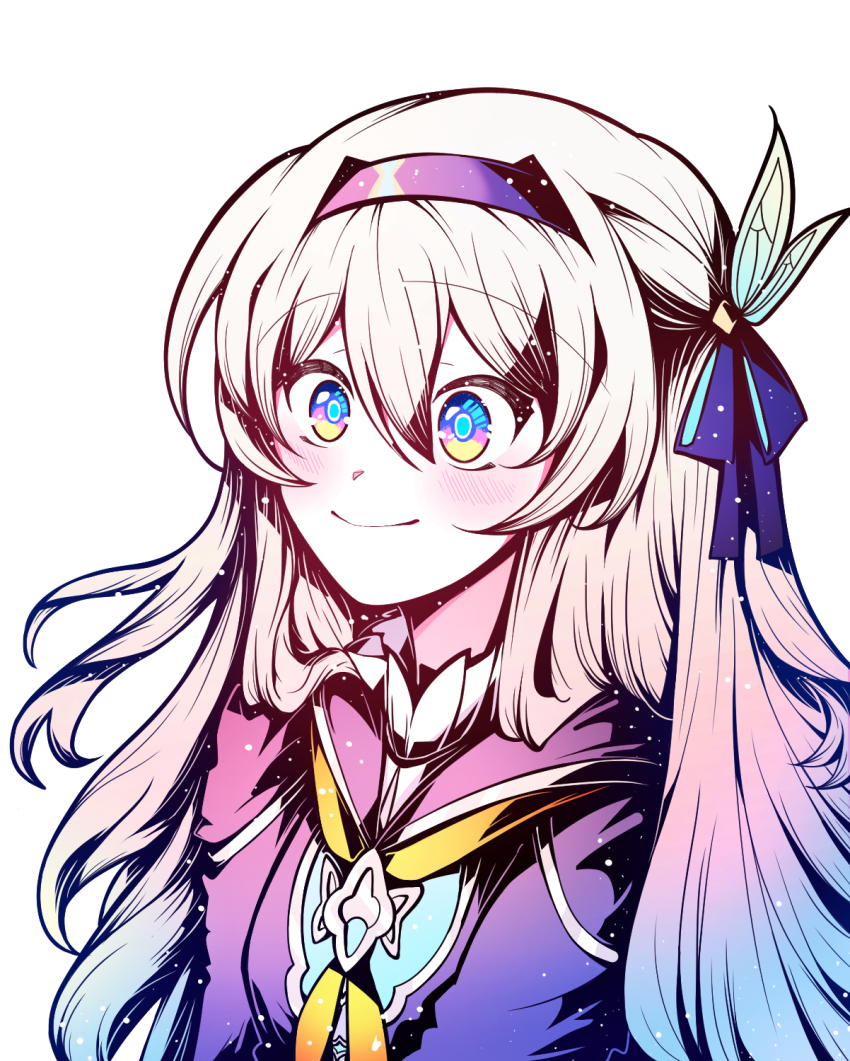 1girl blue_pupils blush closed_mouth collared_shirt commentary electronduck english_commentary firefly_(honkai:_star_rail) grey_hair hair_between_eyes hair_intakes hair_ornament hair_ribbon hairband highres honkai:_star_rail honkai_(series) jacket multicolored_eyes multicolored_hair neckerchief orange_neckerchief ribbon shirt simple_background smile two-tone_eyes white_background white_shirt