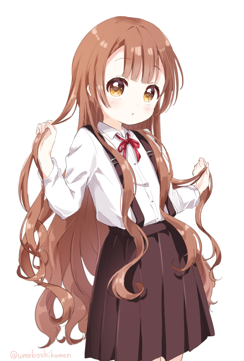 1girl black_skirt blush brown_eyes brown_hair buttons child collared_shirt commentary hair_over_shoulder highres holding holding_own_hair long_hair looking_at_viewer mearian neck_ribbon oomuro-ke oomuro_hanako parted_lips pleated_skirt red_ribbon ribbon shirt simple_background skirt solo suspender_skirt suspenders twitter_username very_long_hair white_background white_shirt yuruyuri