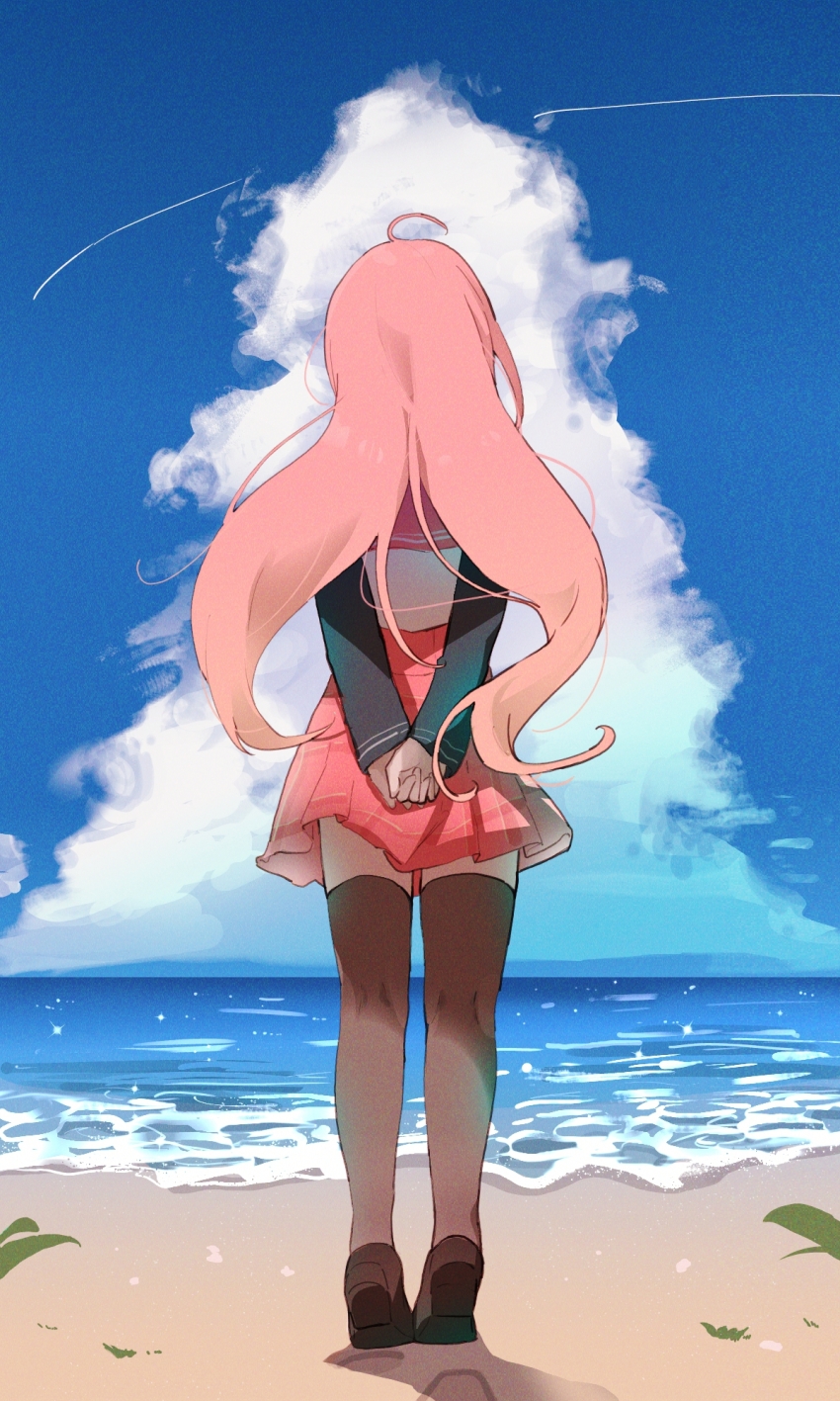 1girl ahoge arms_behind_back beach black_sleeves blue_sky brown_shoes brown_thighhighs cloud cloudy_sky full_body highres ibuki_leila kamihama_university_affiliated_school_uniform kashi_neko layered_sleeves loafers long_hair long_sleeves magia_record:_mahou_shoujo_madoka_magica_gaiden mahou_shoujo_madoka_magica miniskirt outdoors parted_hair pink_hair plaid_clothes plaid_skirt pleated_skirt red_sailor_collar red_skirt sailor_collar sailor_shirt sand school_uniform serafuku shirt shoes short_over_long_sleeves short_sleeves skirt sky solo thighhighs tiptoes very_long_hair water white_shirt