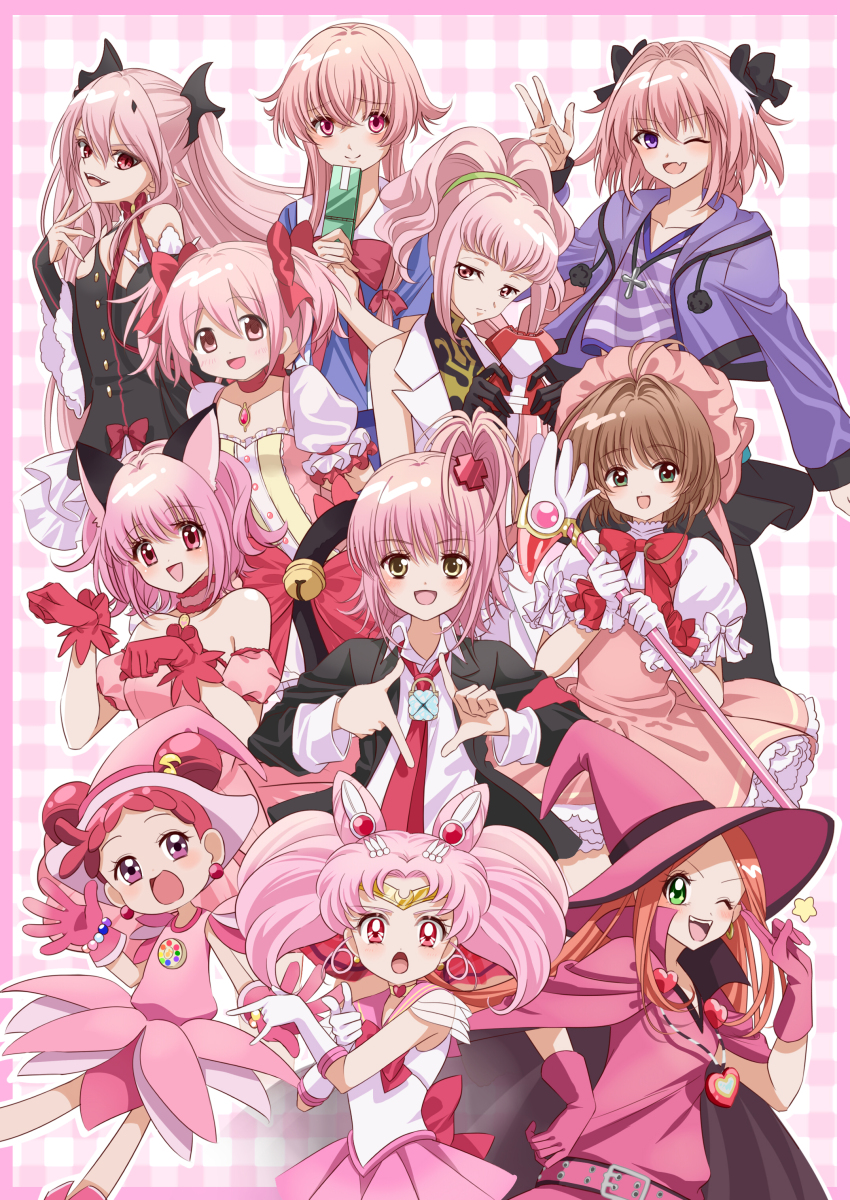 1boy 6+girls :d absurdres animal_ears anya_alstreim astolfo_(fate) astolfo_(memories_at_trifas)_(fate) azaka_(rionrita) belt bishoujo_senshi_sailor_moon bishoujo_senshi_sailor_moon_r brown_hair cardcaptor_sakura cat_ears chibi_usa chocolat_meilleure code_geass cone_hair_bun double_bun fang gasai_yuno gloves hair_bun harukaze_doremi hat heart highres hinamori_amu jacket kaname_madoka kinomoto_sakura krul_tepes long_hair looking_at_viewer magical_girl mew_ichigo mirai_nikki momomiya_ichigo multiple_girls ojamajo_doremi open_mouth owari_no_seraph pink_belt pink_gloves pink_hair pink_hat pink_skirt pink_theme purple_eyes purple_jacket red_eyes sailor_senshi_uniform shugo_chara! skirt slit_pupils smile sugar_sugar_rune twintails vampire w witch_hat