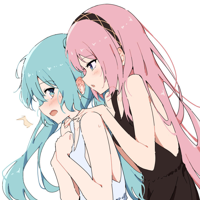 2girls bare_arms black_dress black_hairband blue_eyes blue_hair blush commentary_request dress ear_blush giryu hairband hands_on_another&#039;s_shoulders hatsune_miku highres long_hair megurine_luka multiple_girls open_mouth pink_hair simple_background sleeveless sleeveless_dress sweatdrop upper_body vocaloid white_background white_dress yuri