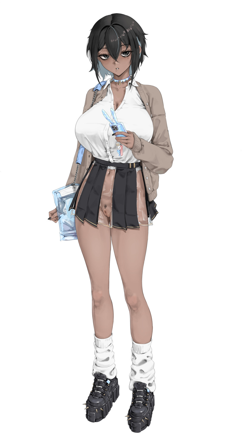 1girl absurdres bag black_eyes black_hair black_nails black_shoes blue_choker breasts brown_cardigan cardigan cellphone cellphone_charm cellphone_strap charm_(object) choker cleavage colored_inner_hair commentary dark-skinned_female dark_skin eyeshadow female_pubic_hair gyaru handbag highres holding holding_phone kogal ku_(kuchurage) large_breasts loose_socks makeup medium_hair mole mole_on_breast mole_under_eye mole_under_mouth multicolored_hair navel open_cardigan open_clothes original parted_lips phone platform_shoes pleated_skirt pubic_hair pussy see-through_clothes see-through_skirt shirt shoes skirt smartphone smartphone_case socks solo spiked_choker spikes streaked_hair tomboy white_background white_shirt white_socks