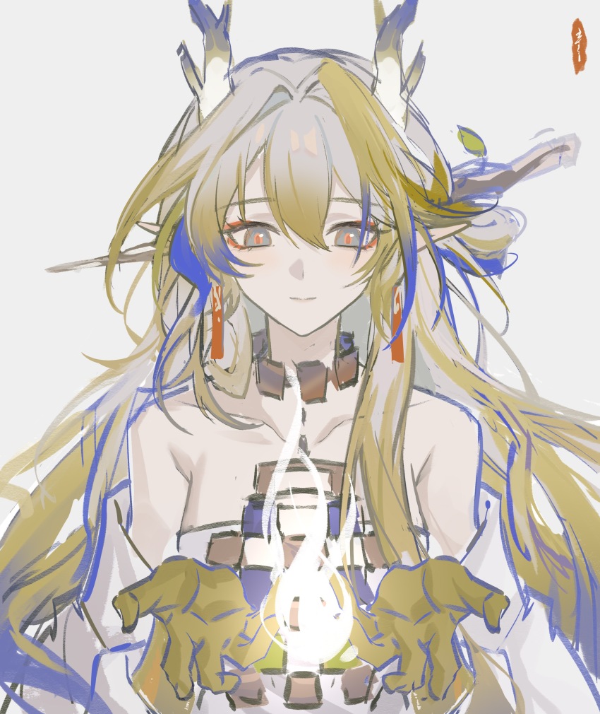 1girl absurdres arknights bare_shoulders blonde_hair blue_hair chinese_commentary closed_mouth collarbone colored_extremities commentary commentary_request dragon_girl dragon_horns earrings english_commentary eyeliner grey_background grey_eyes grey_hair hair_between_eyes hair_intakes highres horns jewelry long_hair magic makeup mixed-language_commentary multicolored_hair necklace off_shoulder orange_eyeliner partial_commentary pointy_ears shu_(arknights) simple_background sketch solo upper_body xuan_xuan_xuan_za
