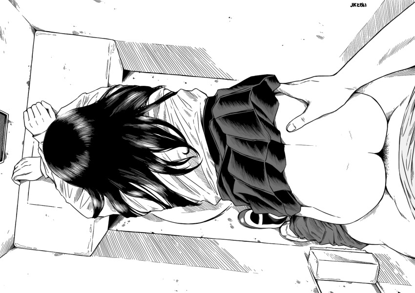 1boy 1girl age_difference ass bent_over clothes_lift dimples_of_venus doggystyle facing_away from_above grabbing_another&#039;s_ass groping hetero leaning_forward medium_hair monochrome original pov pov_crotch pov_hands public_restroom sex sex_from_behind shoes skirt skirt_lift solo_focus toilet toilet_stall tokai uwabaki