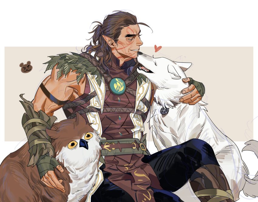 1boy absurdres animal animal_collar animal_ears animal_hug armband baldur&#039;s_gate baldur&#039;s_gate_3 beak belt blue_pants boots border braid brown_armband brown_fur brown_hair closed_eyes collar creature dungeons_&amp;_dragons dungeons_&amp;_dragons elf facial_tattoo fingerless_gloves from_side gloves green_gloves greensalad350 grey_border half_updo halsin heart highres leaf leather leather_boots male_focus mature_male medium_hair multiple_braids muscular muscular_arms muscular_male owlbear pants parted_lips pointy_ears scar scar_on_face sitting smile tail tattoo thick_eyebrows two-tone_fur vambraces vest white_background white_fur wolf wolf_ears wolf_tail