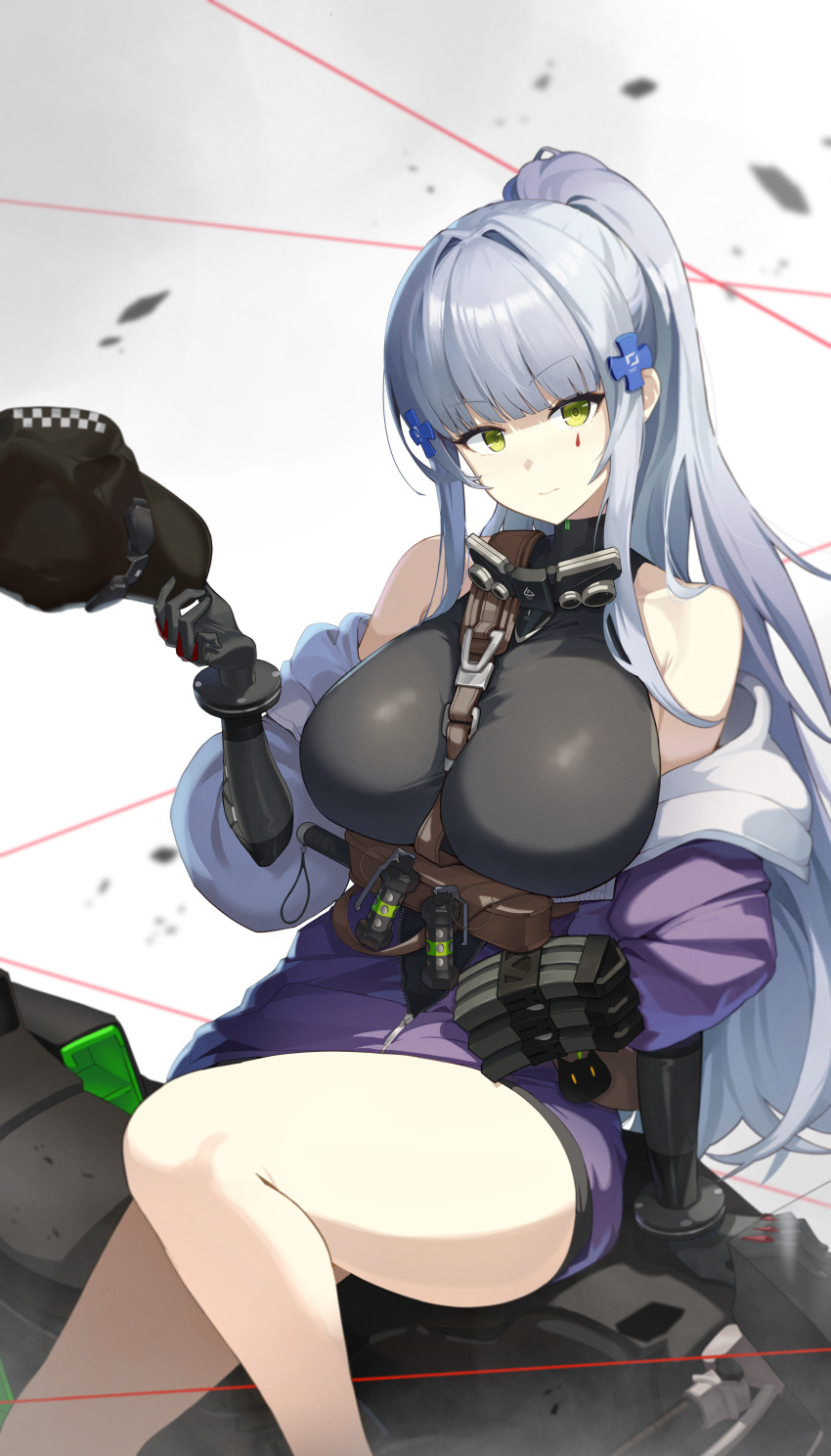 1girl absurdres arm_support bare_shoulders baseball_cap baton_(weapon) between_breasts black_gloves black_hat breasts commentary_request cross_hair_ornament debris etoast flashbang girls&#039;_frontline girls&#039;_frontline_2:_exilium gloves green_eyes grey_hair hair_ornament hat highres hk416_(girls&#039;_frontline) holding holding_unworn_clothes holding_unworn_hat jacket klukai_(girls&#039;_frontline_2) large_breasts laser laser_pointer_projection long_hair looking_at_viewer magazine_(weapon) off_shoulder ponytail purple_jacket sidelocks sitting solo strap_between_breasts teardrop_facial_mark thighs unworn_hat unworn_headwear weapon white_background