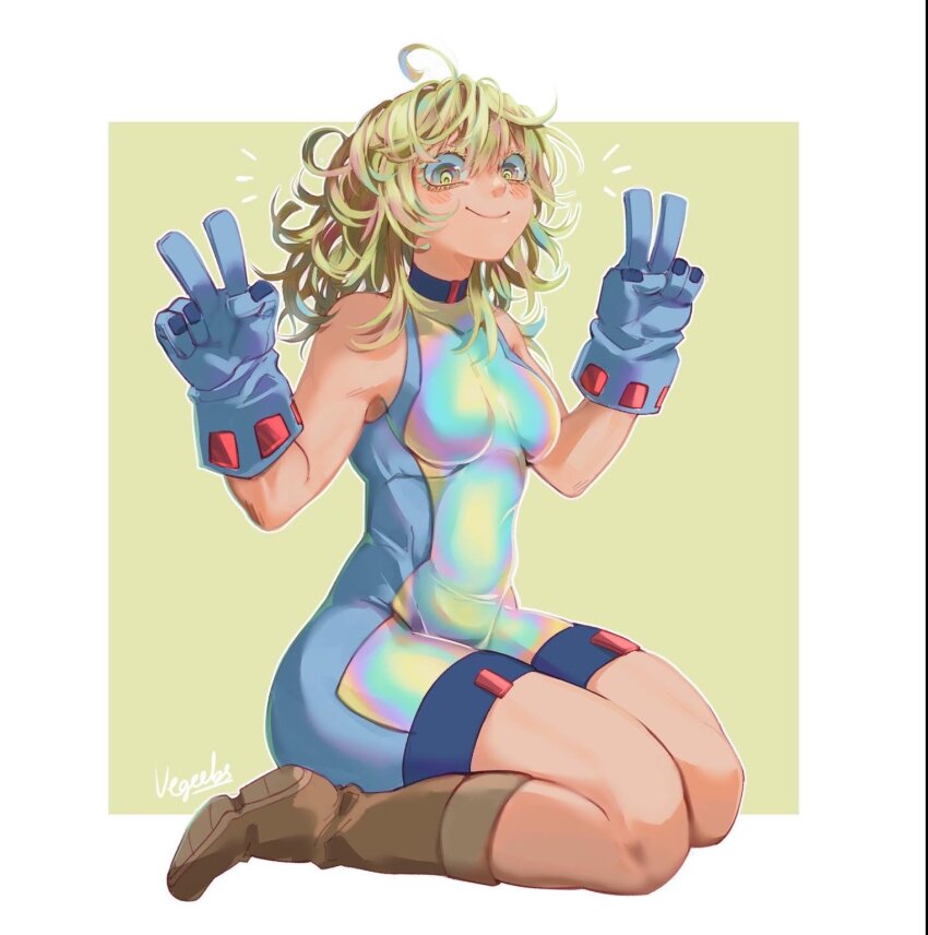 1girl addy_(@vegeebs) blonde_hair blue_gloves bodysuit boku_no_hero_academia boots border brown_boots closed_mouth commentary double_v english_commentary full_body gloves hagakure_toru highres iridescent_clothes kneeling looking_at_viewer ringed_eyes short_hair smile solo v white_border