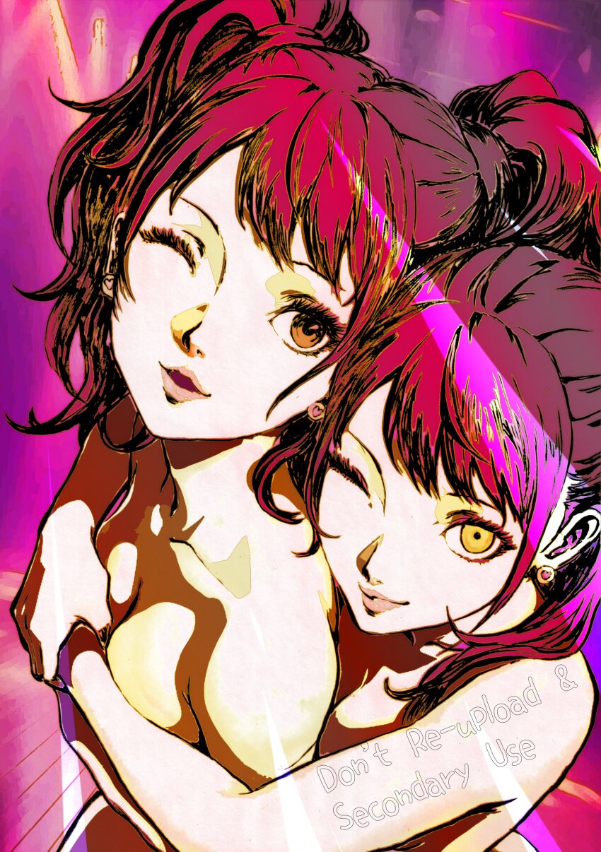 2girls absurdres breasts brown_hair closed_mouth commentary_request covered_erect_nipples earrings highres hug hug_from_behind jewelry kujikawa_rise multiple_girls nude oeilvert_fft one_eye_closed open_mouth persona persona_4 pink_background shadow_(persona) shadow_rise twintails yellow_eyes