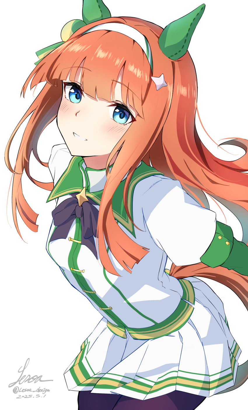 1girl absurdres animal_ears black_bow black_bowtie black_pantyhose blue_eyes blunt_bangs blush bow bowtie clothing_cutout dated ear_covers hair_ornament hairband hairclip highres hime_cut horse_ears horse_girl horse_tail lesoa light_smile long_hair long_sleeves looking_at_viewer orange_hair pantyhose pleated_skirt signature silence_suzuka_(umamusume) simple_background skirt smile solo tail tail_through_clothes twitter_username umamusume white_background white_hairband white_skirt