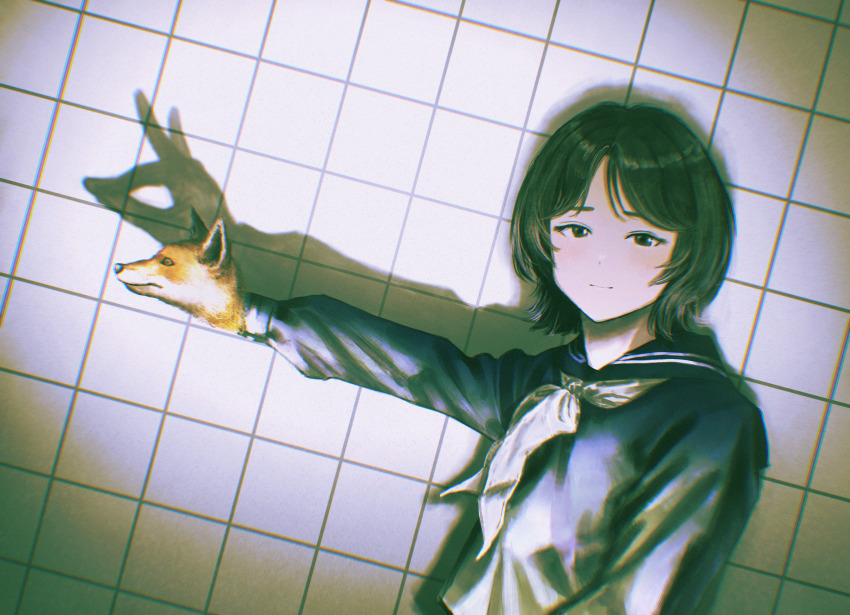 1girl absurdres black_eyes black_hair blue_sailor_collar blue_shirt closed_mouth commentary_request fox fox_shadow_puppet fracoco highres looking_at_viewer neckerchief original sailor_collar school_uniform serafuku shadow shirt short_hair solo white_neckerchief