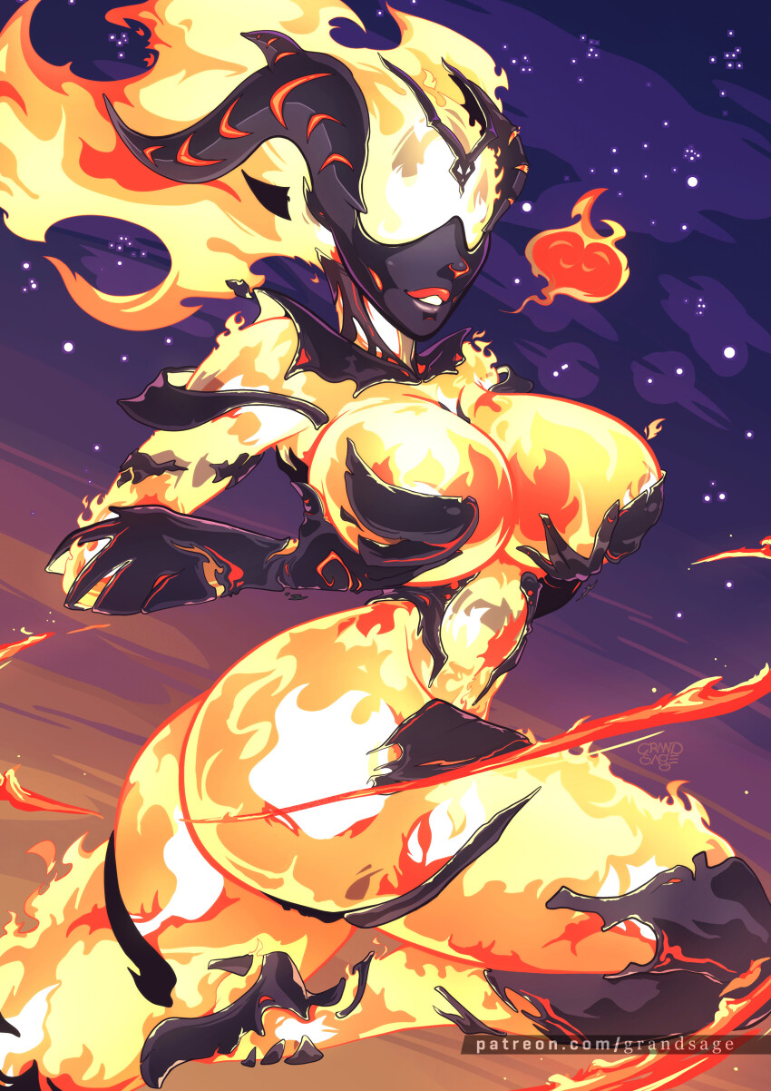 1girl absurdres alternate_breast_size armor artist_name ass bikini_armor black_footwear black_horns breast_lift breasts commentary elemental_(creature) english_commentary fire fire_elemental flame_atronach grand-sage high_heels highres horns hot large_breasts leg_up night parted_lips solo the_elder_scrolls the_elder_scrolls_v:_skyrim