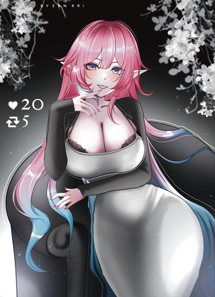 1girl alternate_costume aqua_hair artist_name black_bra bra bra_peek breasts cleavage commentary couch cyrene_(honkai:_star_rail) cyrene_(ripples_of_past_reverie)_(honkai:_star_rail) dongtan_dress dress elf english_commentary ern_kri gradient_hair grey_dress highres honkai:_star_rail honkai_(series) large_breasts like_and_retweet long_hair looking_at_viewer multicolored_hair pink_hair pointy_ears purple_eyes solo underwear very_long_hair white_hair