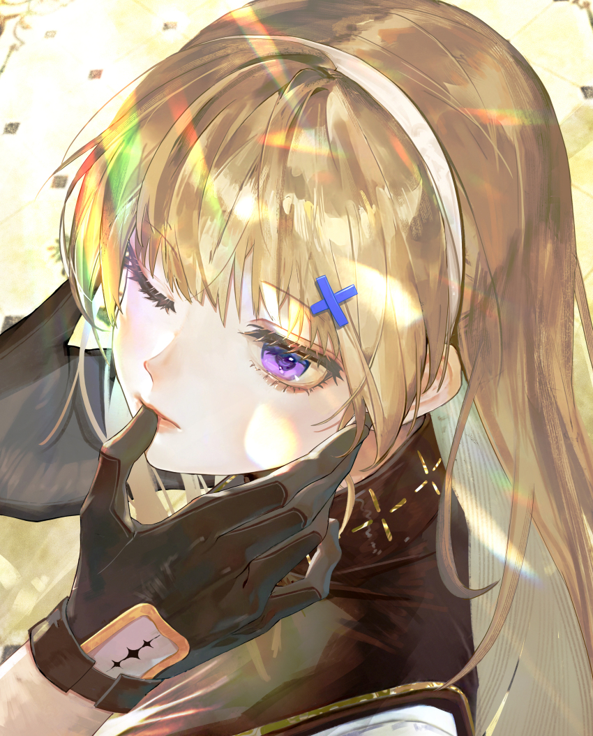 1boy 1girl absurdres black_collar black_gloves blonde_hair chinese_commentary closed_mouth collar commentary_request finger_to_another&#039;s_mouth gloves hair_ornament highres jin_sumire long_hair looking_at_another male_rover_(wuthering_waves) one_eye_closed phoebe_(wuthering_waves) portrait purple_eyes rover_(wuthering_waves) solo_focus tacet_mark_(wuthering_waves) wuthering_waves x_hair_ornament